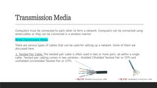 Transmission Media
Computers must be connected to each other to form a network. Computers can be connected using
wires/cables or they can be connected in a wireless manner.
Wired Transmission Media
There are various types of cables that can be used for setting up a network. Some of them are
discussed here.
1. Twisted Pair Cable: The twisted pair cable is often used in two or more pairs, all within a single
cable. Twisted pair cabling comes in two varieties— shielded (Shielded Twisted Pair or STP) and
unshielded (Unshielded Twisted Pair or UTP).
 