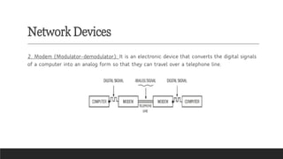 Network Devices
2. Modem (Modulator-demodulator): It is an electronic device that converts the digital signals
of a computer into an analog form so that they can travel over a telephone line.
 