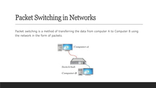 Packet Switching in Networks
Packet switching is a method of transferring the data from computer A to Computer B using
the network in the form of packets.
 