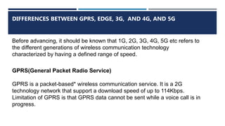 DIFFERENCES BETWEEN GPRS, EDGE, 3G, AND 4G, AND 5G
Before advancing, it should be known that 1G, 2G, 3G, 4G, 5G etc refers to
the different generations of wireless communication technology
characterized by having a defined range of speed.
GPRS(General Packet Radio Service)
GPRS is a packet-based* wireless communication service. It is a 2G
technology network that support a download speed of up to 114Kbps.
Limitation of GPRS is that GPRS data cannot be sent while a voice call is in
progress.
 