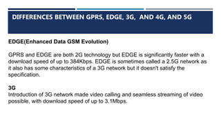 DIFFERENCES BETWEEN GPRS, EDGE, 3G, AND 4G, AND 5G
EDGE(Enhanced Data GSM Evolution)
GPRS and EDGE are both 2G technology but EDGE is significantly faster with a
download speed of up to 384Kbps. EDGE is sometimes called a 2.5G network as
it also has some characteristics of a 3G network but it doesn't satisfy the
specification.
3G
Introduction of 3G network made video calling and seamless streaming of video
possible, with download speed of up to 3.1Mbps.
 