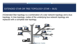 EXTENDED STAR OR TREE TOPOLOGY (STAR + BUS)
A Extended Star topology is a combination of a star network topology and a bus
topology. In tree topology, nodes of the underlying bus network topology are
replaced with a complete star topology.
 