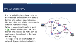 PACKET SWITCHING
Packet switching is a digital network
transmission process in which data is
broken into suitably-sized pieces or
blocks for fast and efficient transfer via
different network devices.
When a computer attempts to send
a file to another computer, the file is
broken into packets so that it can be
sent across the network in the most
efficient way.
These packets are then routed by
network devices to the destination.
 