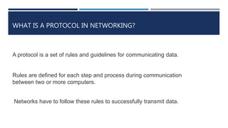 WHAT IS A PROTOCOL IN NETWORKING?
A protocol is a set of rules and guidelines for communicating data.
Rules are defined for each step and process during communication
between two or more computers.
Networks have to follow these rules to successfully transmit data.
 