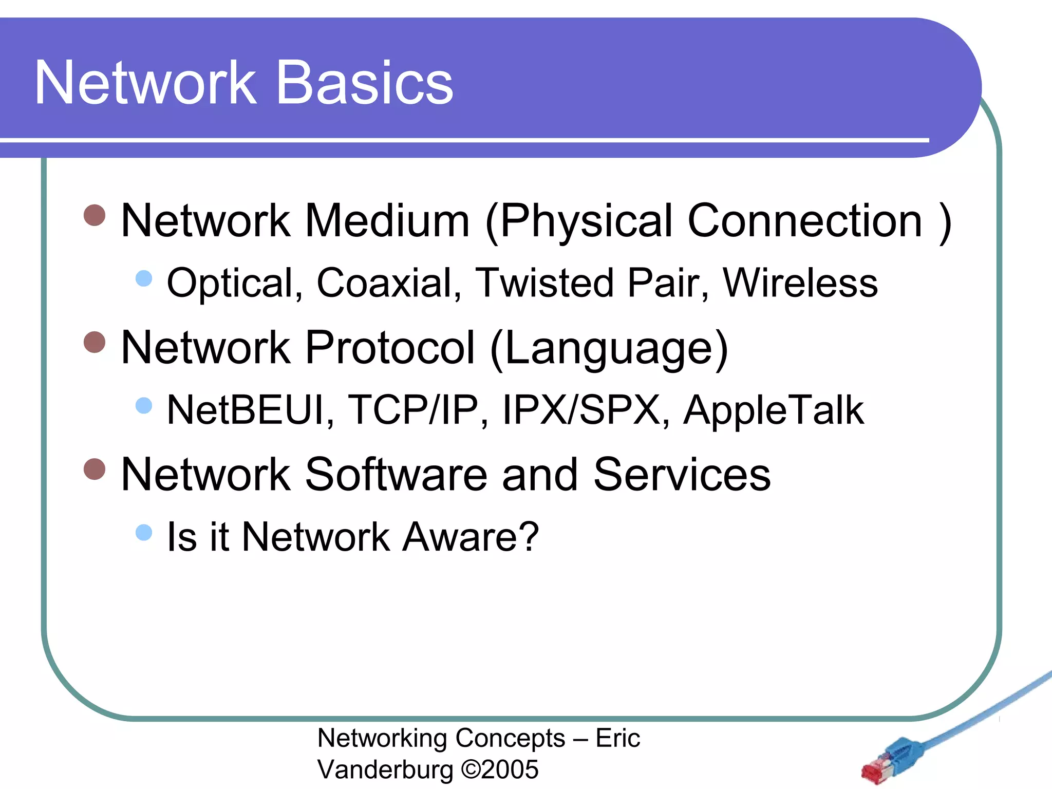 Network Basics
 Network

Medium (Physical Connection )

 Optical,

 Network

Coaxial, Twisted Pair, Wireless

Protocol (Language)

 NetBEUI,

 Network
 Is

TCP/IP, IPX/SPX, AppleTalk

Software and Services

it Network Aware?

Networking Concepts – Eric
Vanderburg ©2005

 