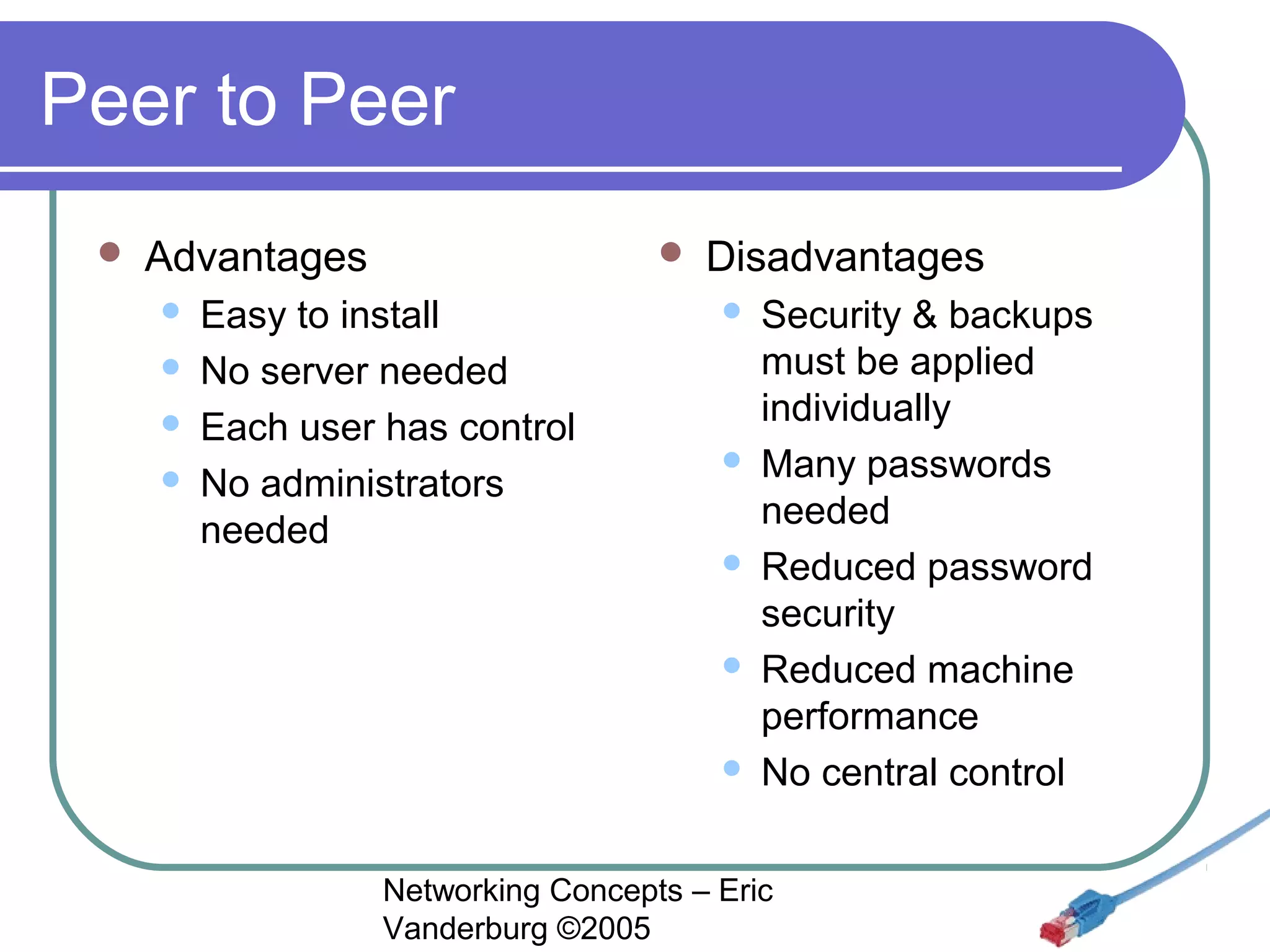 Peer to Peer


Advantages







Easy to install
No server needed
Each user has control
No administrators
needed

Disadvantages










Security & backups
must be applied
individually
Many passwords
needed
Reduced password
security
Reduced machine
performance
No central control

Networking Concepts – Eric
Vanderburg ©2005

 