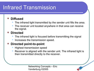 Infrared Transmission


Diffused





Directed





The infrared light transmitted by the sender unit fills the area.
The receiver unit located anywhere in that area can receive
the signal.
The infrared light is focused before transmitting the signal
Increases the transmission speed.

Directed point-to-point



Highest transmission speed
Receiver is aligned with the sender unit. The infrared light is
then transmitted directly to the receiver.

Networking Concepts – Eric
Vanderburg ©2005

 