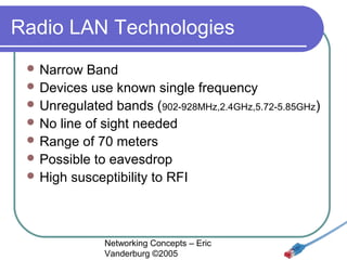 Radio LAN Technologies
 Narrow

Band
 Devices use known single frequency
 Unregulated bands (902-928MHz,2.4GHz,5.72-5.85GHz)
 No line of sight needed
 Range of 70 meters
 Possible to eavesdrop
 High susceptibility to RFI

Networking Concepts – Eric
Vanderburg ©2005

 