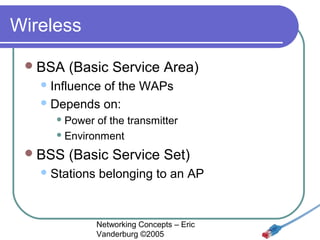 Wireless
 BSA

(Basic Service Area)

 Influence

of the WAPs
 Depends on:
 Power

of the transmitter
 Environment

 BSS

(Basic Service Set)

 Stations

belonging to an AP

Networking Concepts – Eric
Vanderburg ©2005

 