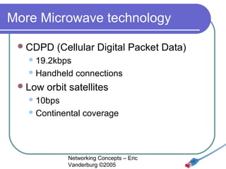 More Microwave technology
 CDPD

(Cellular Digital Packet Data)

 19.2kbps
 Handheld

 Low

connections

orbit satellites

 10bps
 Continental

coverage

Networking Concepts – Eric
Vanderburg ©2005

 