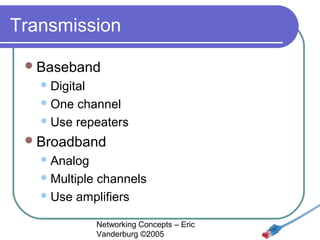 Transmission
 Baseband
 Digital
 One

channel
 Use repeaters
 Broadband
 Analog
 Multiple

channels
 Use amplifiers
Networking Concepts – Eric
Vanderburg ©2005

 