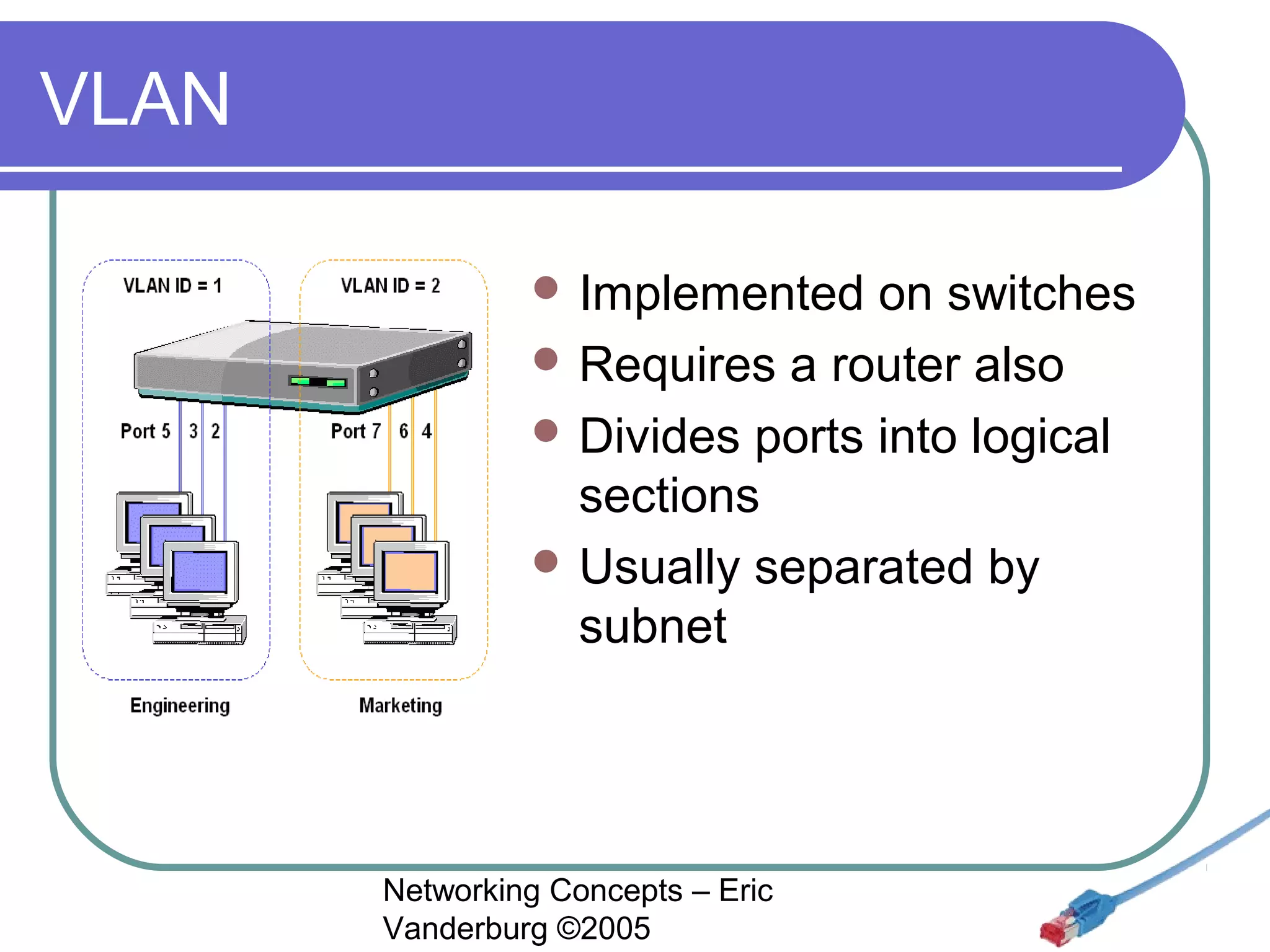 VLAN
 Implemented

on switches
 Requires a router also
 Divides ports into logical
sections
 Usually separated by
subnet

Networking Concepts – Eric
Vanderburg ©2005

 