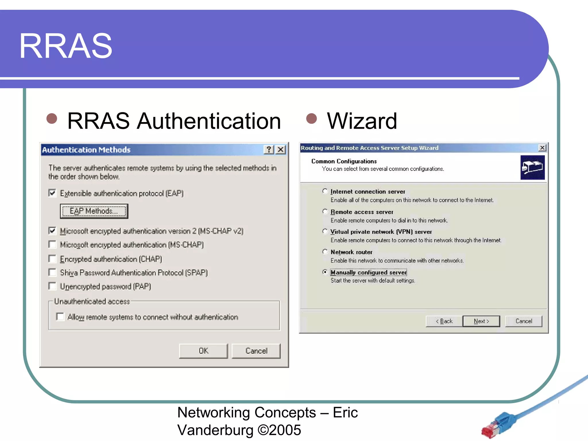 RRAS
 RRAS

Authentication

 Wizard

Networking Concepts – Eric
Vanderburg ©2005

 