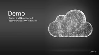 Demo
Creating a VPN
connection
Demo
Creating A Basic
Network
DemoDeploy a VPN connected
network with ARM templates
Demo 5
 