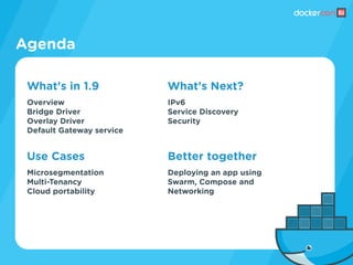 Agenda
What's Next?
IPv6
Service Discovery
Security
Better together
Deploying an app using
Swarm, Compose and
Networking
What's in 1.9
Overview
Bridge Driver
Overlay Driver
Default Gateway service
Use Cases
Microsegmentation
Multi-Tenancy
Cloud portability
 