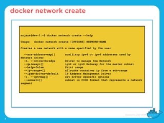 7
docker network create
mrjana@dev-1:~$ docker network create --help
Usage: docker network create [OPTIONS] NETWORK-NAME
Creates a new network with a name specified by the user
--aux-address=map[] auxiliary ipv4 or ipv6 addresses used by
Network driver
-d, --driver=bridge Driver to manage the Network
--gateway=[] ipv4 or ipv6 Gateway for the master subnet
--help=false Print usage
--ip-range=[] allocate container ip from a sub-range
--ipam-driver=default IP Address Management Driver
-o, --opt=map[] set driver specific options
--subnet=[] subnet in CIDR format that represents a network
segment
 