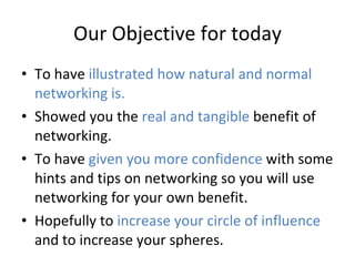 Our Objective for today To have  illustrated how natural and normal networking is. Showed you the  real and tangible  benefit of networking. To have  given you more confidence  with some hints and tips on networking so you will use networking for your own benefit. Hopefully to  increase your circle of influence  and to increase your spheres.  