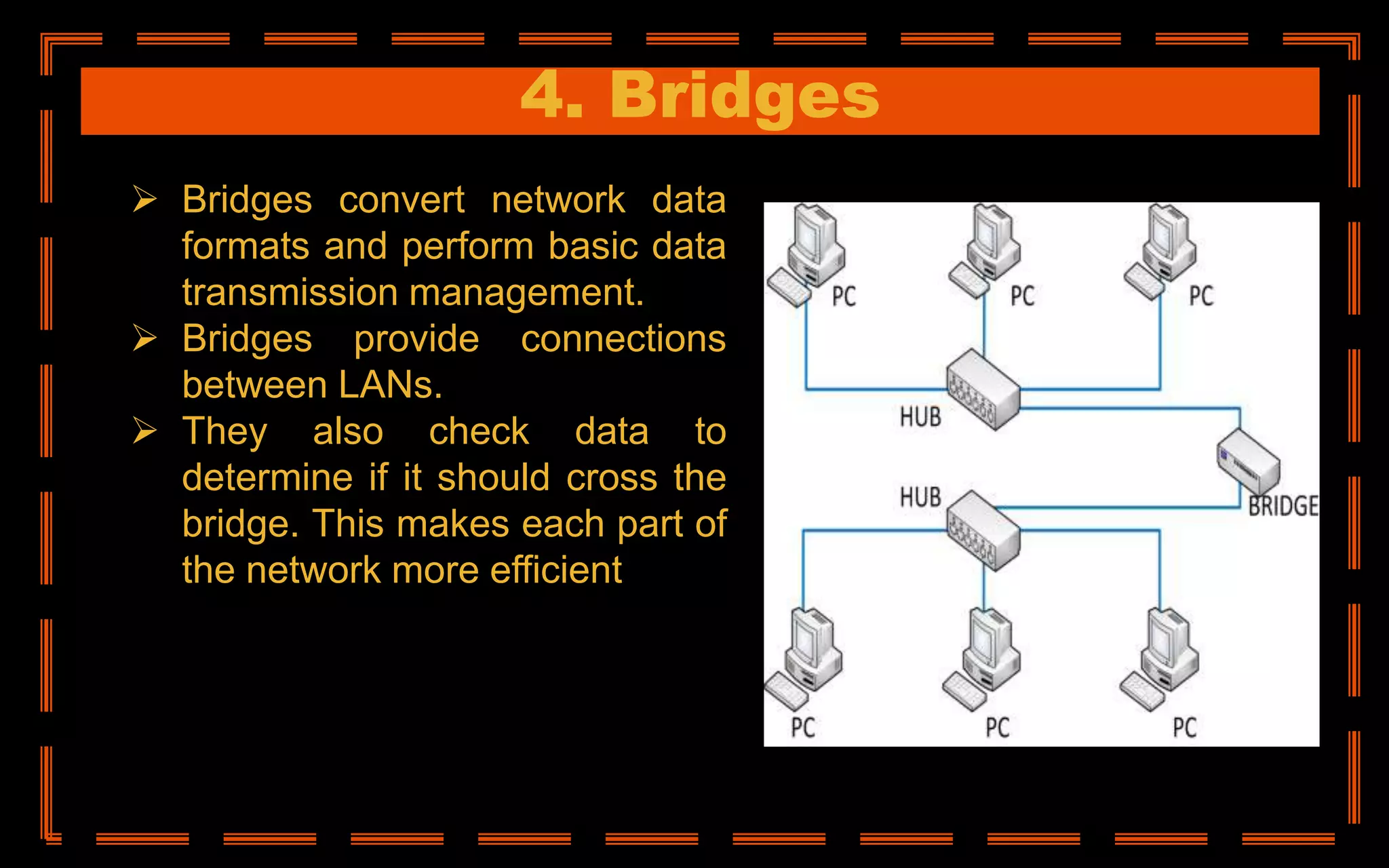 4. Bridges
 Bridges convert network data
formats and perform basic data
transmission management.
 Bridges provide connections
between LANs.
 They also check data to
determine if it should cross the
bridge. This makes each part of
the network more efficient
 