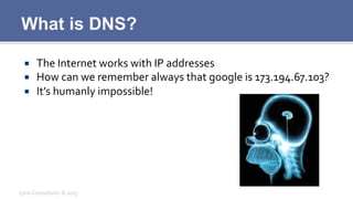 What is DNS?
¡  The	
  Internet	
  works	
  with	
  IP	
  addresses	
  
¡  How	
  can	
  we	
  remember	
  always	
  that	
  google	
  is	
  173.194.67.103?	
  
¡  It’s	
  humanly	
  impossible!	
  
Lynx	
  Consultants	
  ©	
  2013	
  
 