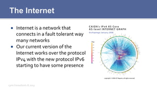 The Internet
¡  Internet	
  is	
  a	
  network	
  that	
  
connects	
  in	
  a	
  fault	
  tolerant	
  way	
  
many	
  networks	
  
¡  Our	
  current	
  version	
  of	
  the	
  
Internet	
  works	
  over	
  the	
  protocol	
  
IPv4	
  with	
  the	
  new	
  protocol	
  IPv6	
  
starting	
  to	
  have	
  some	
  presence	
  
Lynx	
  Consultants	
  ©	
  2013	
  
 