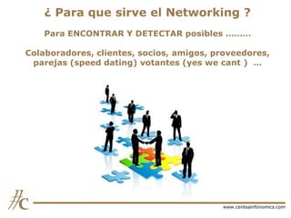 ¿ Para que sirve el Networking ?
Para ENCONTRAR Y DETECTAR posibles ………
Colaboradores, clientes, socios, amigos, proveedores,
parejas (speed dating) votantes (yes we cant ) …

www.centeainfonomics.com

 