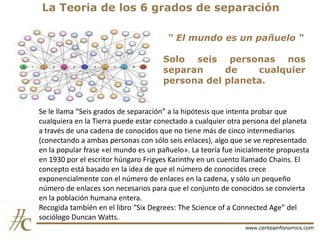 La Teoria de los 6 grados de separación
“ El mundo es un pañuelo “
Solo seis personas nos
separan
de
cualquier
persona del planeta.

Se le llama “Seis grados de separación” a la hipótesis que intenta probar que
cualquiera en la Tierra puede estar conectado a cualquier otra persona del planeta
a través de una cadena de conocidos que no tiene más de cinco intermediarios
(conectando a ambas personas con sólo seis enlaces), algo que se ve representado
en la popular frase «el mundo es un pañuelo». La teoría fue inicialmente propuesta
en 1930 por el escritor húngaro Frigyes Karinthy en un cuento llamado Chains. El
concepto está basado en la idea de que el número de conocidos crece
exponencialmente con el número de enlaces en la cadena, y sólo un pequeño
número de enlaces son necesarios para que el conjunto de conocidos se convierta
en la población humana entera.
Recogida también en el libro “Six Degrees: The Science of a Connected Age” del
sociólogo Duncan Watts.
www.centeainfonomics.com

 