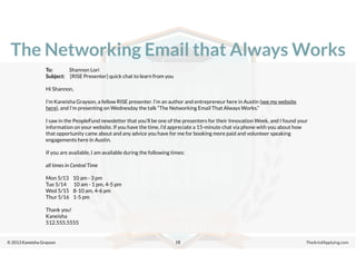 © 2013 Kaneisha Grayson TheArtofApplying.com
The Networking Email that Always Works
10
To: Shannon Lori
Subject: [RISE Presenter] quick chat to learn from you
Hi Shannon,
I’m Kaneisha Grayson, a fellow RISE presenter. I’m an author and entrepreneur here in Austin (see my website
here), and I’m presenting on Wednesday the talk “The Networking Email That Always Works.”
I saw in the PeopleFund newsletter that you’ll be one of the presenters for their Innovation Week, and I found your
information on your website. If you have the time, I’d appreciate a 15-minute chat via phone with you about how
that opportunity came about and any advice you have for me for booking more paid and volunteer speaking
engagements here in Austin.
If you are available, I am available during the following times:
all times in Central Time
Mon 5/13 10 am - 3 pm
Tue 5/14 10 am - 1 pm, 4-5 pm
Wed 5/15 8-10 am, 4-6 pm
Thur 5/16 1-5 pm
Thank you!
Kaneisha
512.555.5555
 