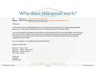 © 2013 Kaneisha Grayson TheArtofApplying.com
Why does this email work?
12
To: Shannon Lori
Subject: [RISE Presenter] quick chat to learn from you
Hi Shannon,
I’m Kaneisha Grayson, a fellow RISE presenter. I’m an author and entrepreneur here in Austin (see my website
here), and I’m presenting on Wednesday the talk “The Networking Email That Always Works.”
I saw in the PeopleFund newsletter that you’ll be one of the presenters for their Innovation Week, and I found your
information on your website. If you have the time, I’d appreciate a 15-minute chat via phone with you about how
that opportunity came about and any advice you have for me for booking more paid and volunteer speaking
engagements here in Austin.
If you are available, I am available during the following times:
all times in Central Time
Mon 5/13 10 am - 3 pm
Tue 5/14 10 am - 1 pm, 4-5 pm
Wed 5/15 8-10 am, 4-6 pm
Thur 5/16 1-5 pm
Thank you!
Kaneisha
512.555.5555
lets the person know what I want
 