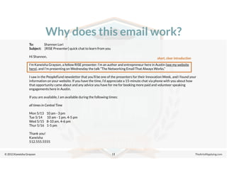 © 2013 Kaneisha Grayson TheArtofApplying.com
Why does this email work?
13
To: Shannon Lori
Subject: [RISE Presenter] quick chat to learn from you
Hi Shannon,
I’m Kaneisha Grayson, a fellow RISE presenter. I’m an author and entrepreneur here in Austin (see my website
here), and I’m presenting on Wednesday the talk “The Networking Email That Always Works.”
I saw in the PeopleFund newsletter that you’ll be one of the presenters for their Innovation Week, and I found your
information on your website. If you have the time, I’d appreciate a 15-minute chat via phone with you about how
that opportunity came about and any advice you have for me for booking more paid and volunteer speaking
engagements here in Austin.
If you are available, I am available during the following times:
all times in Central Time
Mon 5/13 10 am - 3 pm
Tue 5/14 10 am - 1 pm, 4-5 pm
Wed 5/15 8-10 am, 4-6 pm
Thur 5/16 1-5 pm
Thank you!
Kaneisha
512.555.5555
short, clear introduction
 
