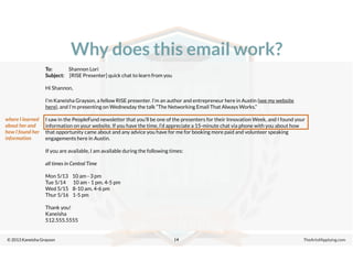 © 2013 Kaneisha Grayson TheArtofApplying.com
Why does this email work?
14
To: Shannon Lori
Subject: [RISE Presenter] quick chat to learn from you
Hi Shannon,
I’m Kaneisha Grayson, a fellow RISE presenter. I’m an author and entrepreneur here in Austin (see my website
here), and I’m presenting on Wednesday the talk “The Networking Email That Always Works.”
I saw in the PeopleFund newsletter that you’ll be one of the presenters for their Innovation Week, and I found your
information on your website. If you have the time, I’d appreciate a 15-minute chat via phone with you about how
that opportunity came about and any advice you have for me for booking more paid and volunteer speaking
engagements here in Austin.
If you are available, I am available during the following times:
all times in Central Time
Mon 5/13 10 am - 3 pm
Tue 5/14 10 am - 1 pm, 4-5 pm
Wed 5/15 8-10 am, 4-6 pm
Thur 5/16 1-5 pm
Thank you!
Kaneisha
512.555.5555
where I learned
about her and
how I found her
information
 