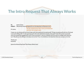 © 2013 Kaneisha Grayson TheArtofApplying.com
The Intro Request That Always Works
23
To: James Casey
Subject: [Bootstrap Austin] request for an introduction to Shannon Lori
Hi James,
I hope you are doing well and that things with StartupHound are going well. Things are going well with me. My book
is out and selling well. I’m also gearing up for the next admissions season. One goal I have this season is to book
more live speaking engagements since I love to present. I saw on LinkedIn that you went to college with Shannon
Lori. Would you be willing to introduce me to her? If so, I’ve drafted an introduction that you can pass on to her.
Thank you!
Kaneisha
[paste the Networking Email That Always Works here]
lets the recipient know that I want an introduction
and who I am trying to meet
 