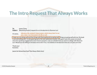 © 2013 Kaneisha Grayson TheArtofApplying.com
The Intro Request That Always Works
24
To: James Casey
Subject: [Bootstrap Austin] request for an introduction to Shannon Lori
Hi James,
I hope you are doing well and that things with StartupHound are going well. Things are going well with me. My book
is out and selling well. I’m also gearing up for the next admissions season. One goal I have this season is to book
more live speaking engagements since I love to present. I saw on LinkedIn that you went to college with Shannon
Lori. Would you be willing to introduce me to her? If so, I’ve drafted an introduction that you can pass on to her.
Thank you!
Kaneisha
[paste the Networking Email That Always Works here]
references the recipient’s latest project, which shows that I’m not
just a taker. I am interested in his life as well.
 