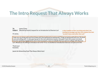 © 2013 Kaneisha Grayson TheArtofApplying.com
The Intro Request That Always Works
25
To: James Casey
Subject: [Bootstrap Austin] request for an introduction to Shannon Lori
Hi James,
I hope you are doing well and that things with StartupHound are going well. Things are going well with me. My book
is out and selling well. I’m also gearing up for the next admissions season. One goal I have this season is to book
more live speaking engagements since I love to present. I saw on LinkedIn that you went to college with Shannon
Lori. Would you be willing to introduce me to her? If so, I’ve drafted an introduction that you can pass on to her.
Thank you!
Kaneisha
[paste the Networking Email That Always Works here]
a short update on how I am doing and what I am
working on assuages any fears the recipient has that
“we don’t know each other that well.”
 