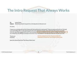 © 2013 Kaneisha Grayson TheArtofApplying.com
The Intro Request That Always Works
26
To: James Casey
Subject: [Bootstrap Austin] request for an introduction to Shannon Lori
Hi James,
I hope you are doing well and that things with StartupHound are going well. Things are going well with me. My book
is out and selling well. I’m also gearing up for the next admissions season. One goal I have this season is to book
more live speaking engagements since I love to present. I saw on LinkedIn that you went to college with Shannon
Lori. Would you be willing to introduce me to her? If so, I’ve drafted an introduction that you can pass on to her.
Thank you!
Kaneisha
[paste the Networking Email That Always Works here]
lets the recipient know how I found out about his
connection to the person I am trying to connect with
 