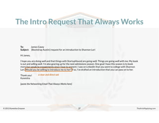© 2013 Kaneisha Grayson TheArtofApplying.com
The Intro Request That Always Works
27
To: James Casey
Subject: [Bootstrap Austin] request for an introduction to Shannon Lori
Hi James,
I hope you are doing well and that things with StartupHound are going well. Things are going well with me. My book
is out and selling well. I’m also gearing up for the next admissions season. One goal I have this season is to book
more live speaking engagements since I love to present. I saw on LinkedIn that you went to college with Shannon
Lori. Would you be willing to introduce me to her? If so, I’ve drafted an introduction that you can pass on to her.
Thank you!
Kaneisha
[paste the Networking Email That Always Works here]
a clear and direct ask
 