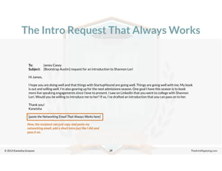 © 2013 Kaneisha Grayson TheArtofApplying.com
The Intro Request That Always Works
29
To: James Casey
Subject: [Bootstrap Austin] request for an introduction to Shannon Lori
Hi James,
I hope you are doing well and that things with StartupHound are going well. Things are going well with me. My book
is out and selling well. I’m also gearing up for the next admissions season. One goal I have this season is to book
more live speaking engagements since I love to present. I saw on LinkedIn that you went to college with Shannon
Lori. Would you be willing to introduce me to her? If so, I’ve drafted an introduction that you can pass on to her.
Thank you!
Kaneisha
[paste the Networking Email That Always Works here]
Now, the recipient can just copy and paste my
networking email, add a short intro just like I did and
pass it on.
 