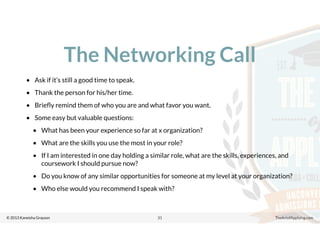 © 2013 Kaneisha Grayson TheArtofApplying.com
The Networking Call
31
• Ask if it’s still a good time to speak.
• Thank the person for his/her time.
• Brieﬂy remind them of who you are and what favor you want.
• Some easy but valuable questions:
• What has been your experience so far at x organization?
• What are the skills you use the most in your role?
• If I am interested in one day holding a similar role, what are the skills, experiences, and
coursework I should pursue now?
• Do you know of any similar opportunities for someone at my level at your organization?
• Who else would you recommend I speak with?
 