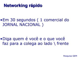 Networking rápido
•Em 30 segundos ( 1 comercial do
JORNAL NACIONAL )
•Diga quem é você e o que você
faz para a colega ao lado  frente
Pesquisa GEM

 