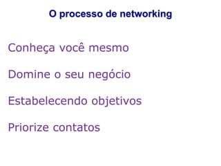 O processo de networking

Conheça você mesmo
Domine o seu negócio
Estabelecendo objetivos
Priorize contatos

 