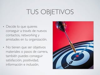 TUS OBJETIVOS	

•  Decide lo que quieres
conseguir a través de nuevos
contactos, networking y
amistades en tu organización.	

•  No tienen que ser objetivos
materiales o pasos de carrera,
también puedes conseguir
satisfacción, positividad,
información e inclusión. 	

 
