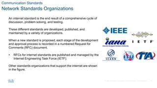 © 2020 Cisco and/or its affiliates. All rights reserved. Cisco Confidential
Communication Standards
Network Standards Organizations
An internet standard is the end result of a comprehensive cycle of
discussion, problem solving, and testing.
These different standards are developed, published, and
maintained by a variety of organizations.
When a new standard is proposed, each stage of the development
and approval process is recorded in a numbered Request for
Comments (RFC) document.
• RFCs for internet standards are published and managed by the
Internet Engineering Task Force (IETF).
Other standards organizations that support the internet are shown
in the figure.
19
 