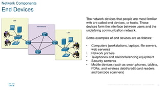 © 2020 Cisco and/or its affiliates. All rights reserved. Cisco Confidential 32
Network Components
End Devices
The network devices that people are most familiar
with are called end devices, or hosts. These
devices form the interface between users and the
underlying communication network.
Some examples of end devices are as follows:
• Computers (workstations, laptops, file servers,
web servers)
• Network printers
• Telephones and teleconferencing equipment
• Security cameras
• Mobile devices (such as smart phones, tablets,
PDAs, and wireless debit/credit card readers
and barcode scanners)
 