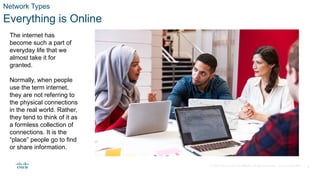 © 2020 Cisco and/or its affiliates. All rights reserved. Cisco Confidential 4
Network Types
Everything is Online
The internet has
become such a part of
everyday life that we
almost take it for
granted.
Normally, when people
use the term internet,
they are not referring to
the physical connections
in the real world. Rather,
they tend to think of it as
a formless collection of
connections. It is the
“place” people go to find
or share information.
 