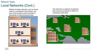 © 2020 Cisco and/or its affiliates. All rights reserved. Cisco Confidential 7
Network Types
Local Networks (Cont.)
Medium to large networks, such as those
used by corporations and schools, can
have many locations with hundreds or
thousands of interconnected hosts.
The internet is a network of networks
that connects hundreds of millions of
computers world-wide.
 