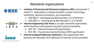 15
Standards organizations
• Institute of Electrical and Electronics Engineers (IEEE, pronounced “I-
triple-E”) - dedicated to creating standards in power and energy,
healthcare, telecommunications, and networking
○ IEEE 802.3 - working group defining layers 1,2 of Ethernet
○ IEEE 802.11 - working group defining layers 1,2 of WLAN
● Internet Engineering Task Force is an open standards organization,
which develops and promotes voluntary Internet standards.
○ RFC 791 - Internet Protocol (IP) specification
○ RFC 793 - Transmission Control Protocol (TCP) specification
• Internet Assigned Addresses Authority is the organization that
oversees the allocation of IP addresses to internet service providers
 