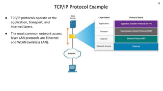 18
TCP/IP Protocol Example
● TCP/IP protocols operate at the
application, transport, and
internet layers.
● The most common network access
layer LAN protocols are Ethernet
and WLAN (wireless LAN).
 