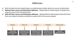 23
Addresses
● Both the data link and network layers use addressing to deliver data from source to destination.
● Network layer source and destination addresses - Responsible for delivering the IP packet from
original source to the final destination.
● Data link layer source and destination addresses – Responsible for delivering the data link frame
from one network interface card (NIC) to another NIC on the same network.
 