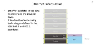 27
Ethernet Encapsulation
• Ethernet operates in the data
link layer and the physical
layer.
• It is a family of networking
technologies defined in the
IEEE 802.2 and 802.3
standards.
 