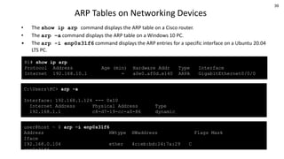 39
ARP Tables on Networking Devices
• The show ip arp command displays the ARP table on a Cisco router.
• The arp –a command displays the ARP table on a Windows 10 PC.
• The arp -i enp0s31f6 command displays the ARP entries for a specific interface on a Ubuntu 20.04
LTS PC.
R1# show ip arp
Protocol Address Age (min) Hardware Addr Type Interface
Internet 192.168.10.1 - a0e0.af0d.e140 ARPA GigabitEthernet0/0/0
C:UsersPC> arp -a
Interface: 192.168.1.124 --- 0x10
Internet Address Physical Address Type
192.168.1.1 c8-d7-19-cc-a0-86 dynamic
user@host ~ $ arp -i enp0s31f6
Address HWtype HWaddress Flags Mask
Iface
192.168.0.104 ether 4c:eb:bd:24:7a:29 C
enp0s31f6
_gateway ether 00:26:5a:c3:45:df C
 