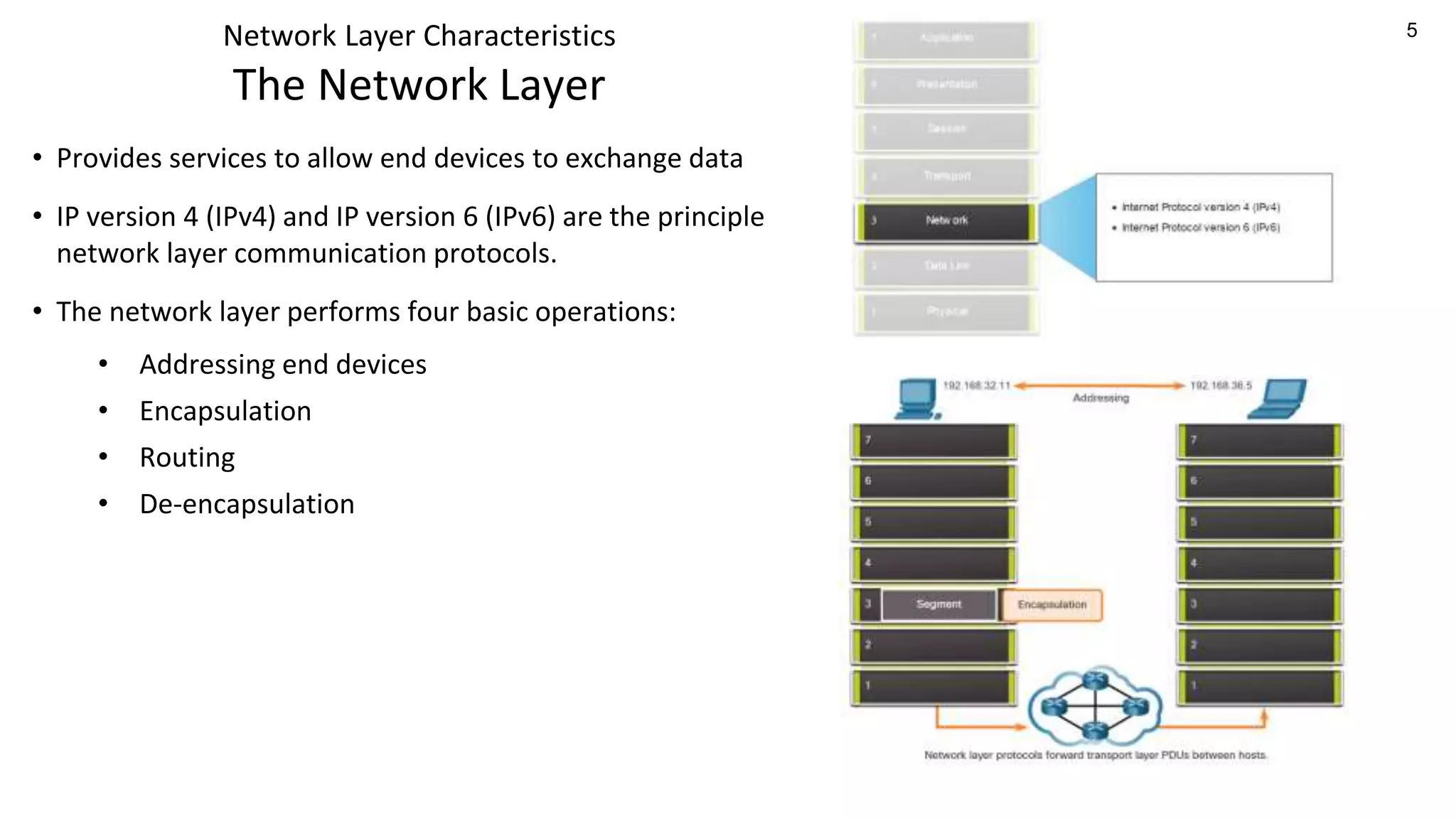 5
Network Layer Characteristics
The Network Layer
• Provides services to allow end devices to exchange data
• IP version 4 (IPv4) and IP version 6 (IPv6) are the principle
network layer communication protocols.
• The network layer performs four basic operations:
• Addressing end devices
• Encapsulation
• Routing
• De-encapsulation
 